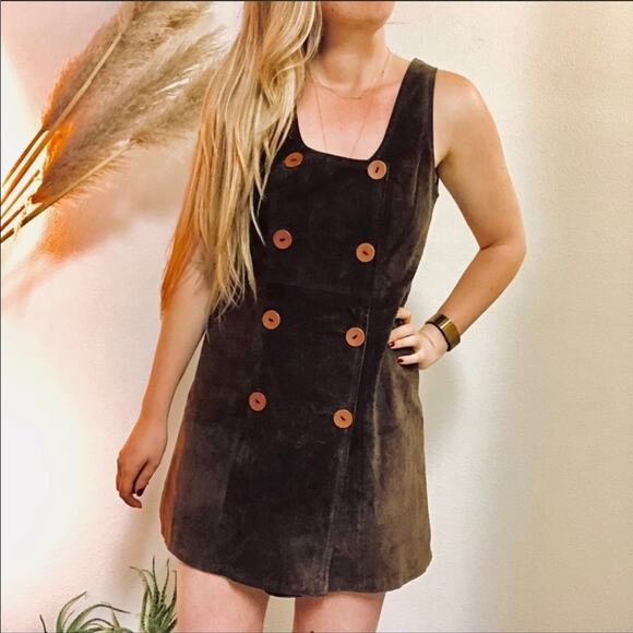 VINTAGE Compero Brown Suede Leather Button Front Sleeveless Tank Jumper Dress 42 - Picture 1 of 6
